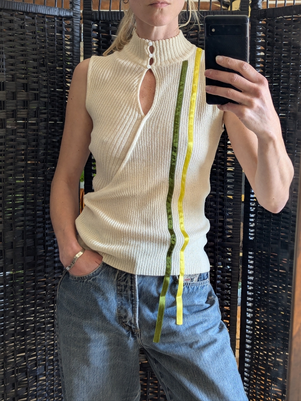 Vintage 1990s Y2k. Ribbed knit tank top with asymmetrical design. size med